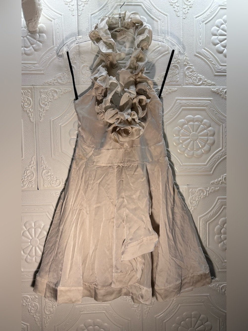 bebe Ruffle Halter Mini Dress in Light Cream